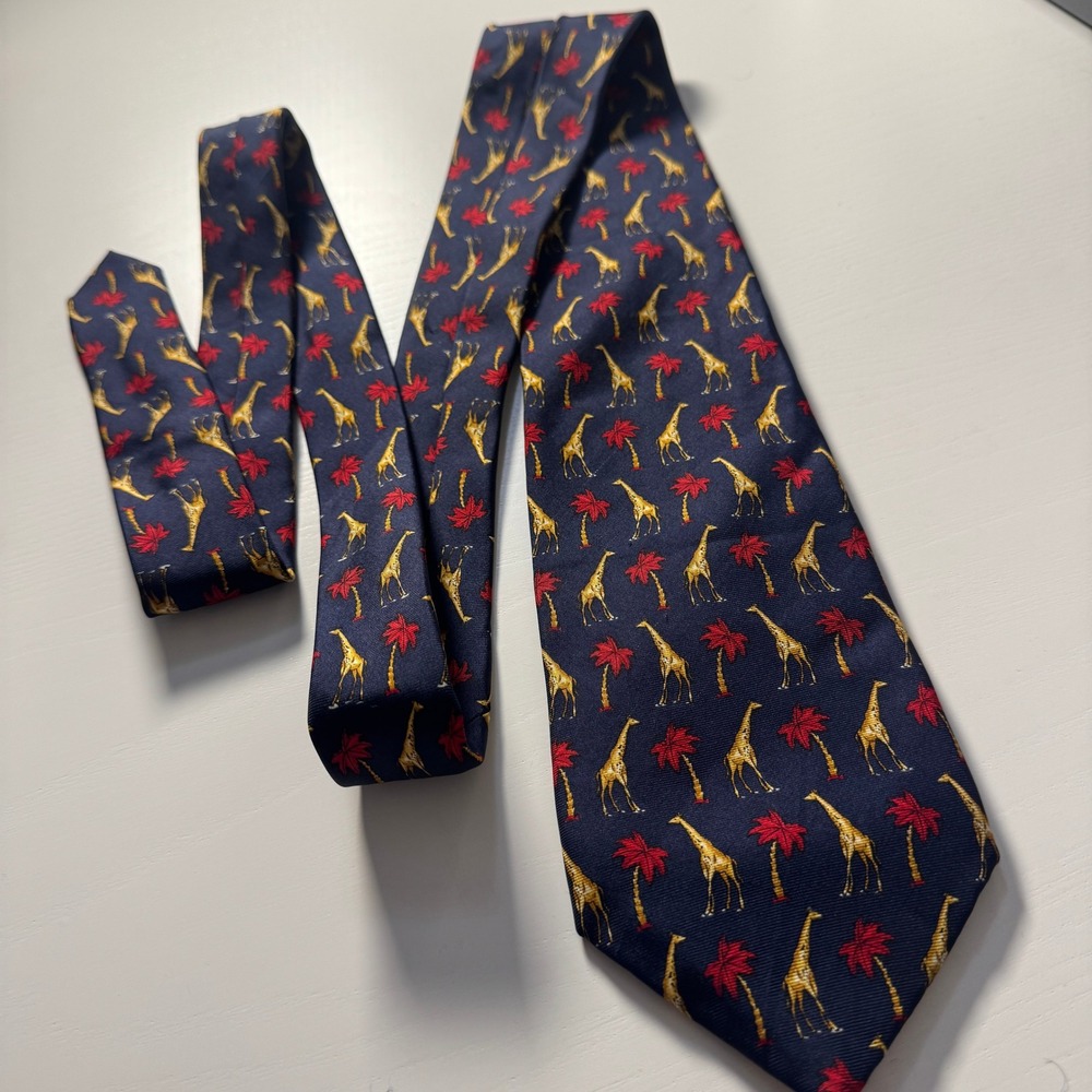 John Comfort London Silk Tie Navy Giraffe Palm Tree Print John Mazzo Reading